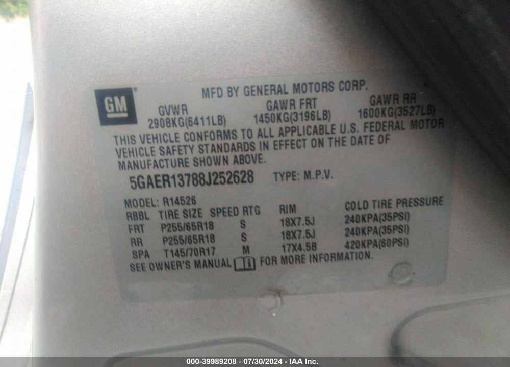 2008 BUICK ENCLAVE CX VIN: 5GAER13788J252628