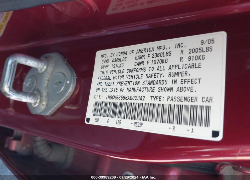 2006 HONDA ACCORD 3.0 EX VIN: 1HGCM66596A002342