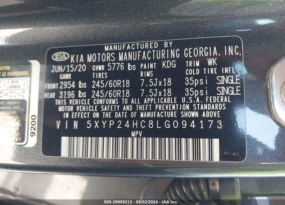 2020 KIA TELLURIDE LX VIN: 5XYP24HC8LG094173