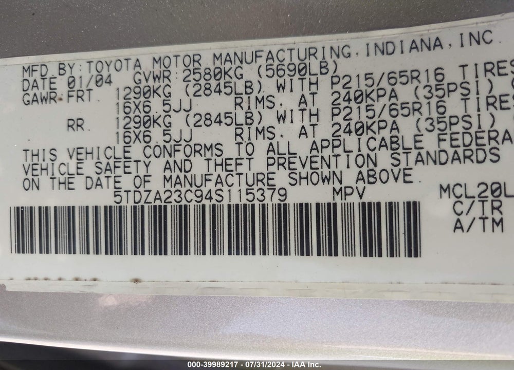 2004 TOYOTA SIENNA LE VIN: 5TDZA23C94S115379