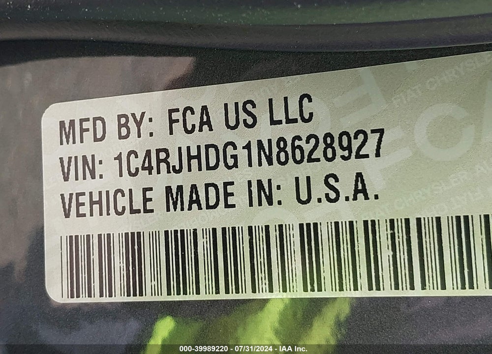 2022 CHEROKEE JEEP GRAND  OVERLAND 4X4 VIN: 1C4RJHDG1N8628927