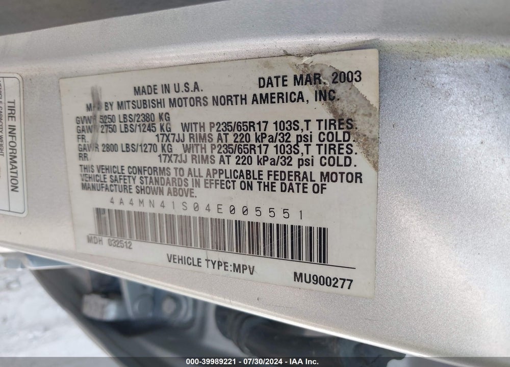 2004 MITSUBISHI ENDEAVOR LIMITED VIN: 4A4MN41S04E005551