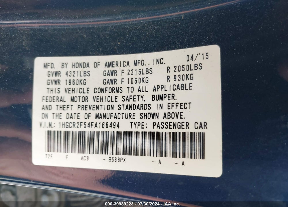 2015 HONDA ACCORD SPORT VIN: 1HGCR2F54FA166494