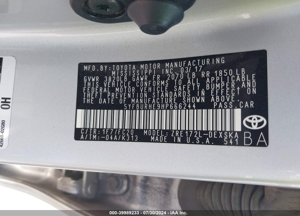 2017 TOYOTA COROLLA SE VIN: 5YFBURHE9HP666244