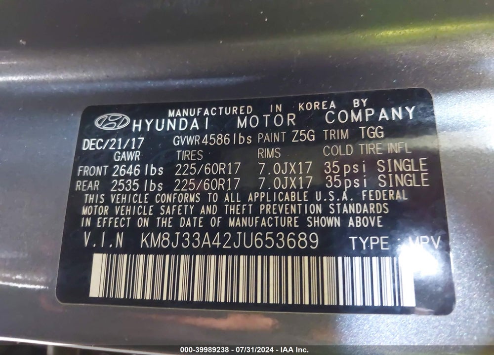 2018 HYUNDAI TUCSON SEL VIN: KM8J33A42JU653689