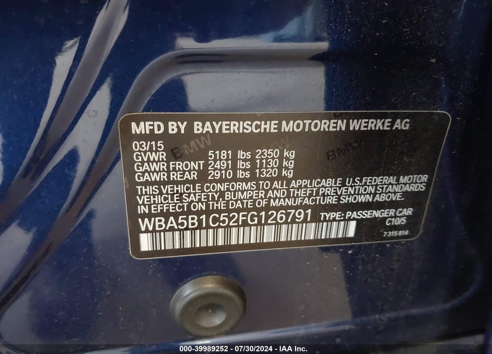 2015 BMW 535I VIN: WBA5B1C52FG126791