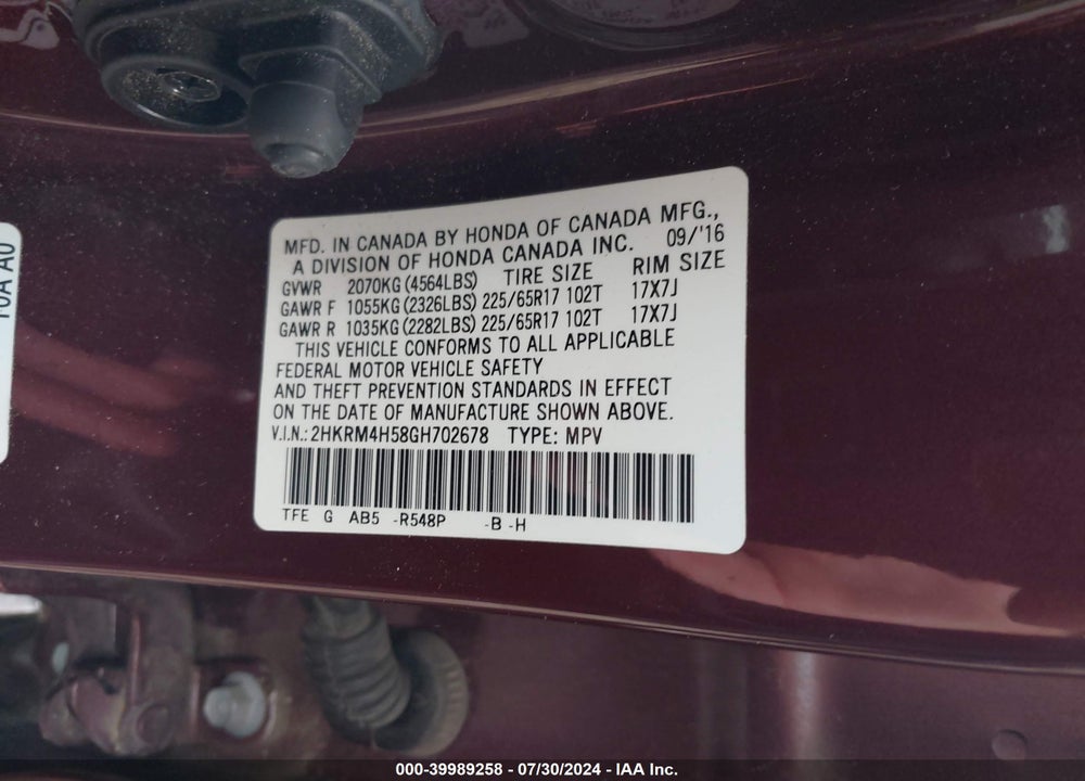 2016 HONDA CR-V EX VIN: 2HKRM4H58GH702678