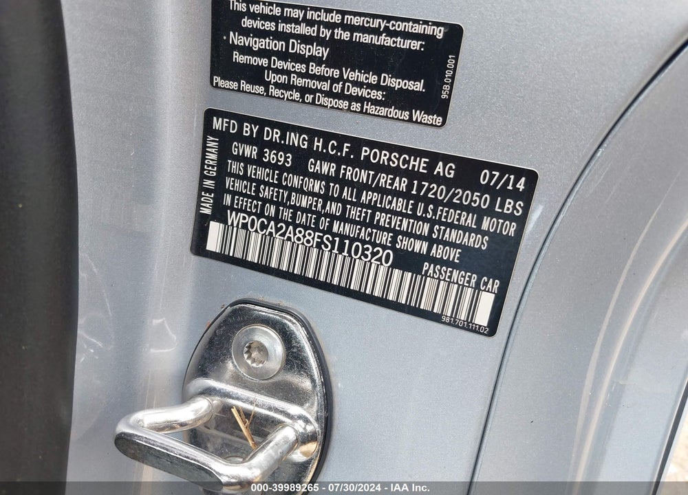2015 PORSCHE BOXSTER VIN: WP0CA2A88FS110320