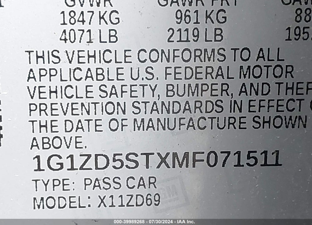 2021 CHEVROLET MALIBU FWD LT VIN: 1G1ZD5STXMF071511