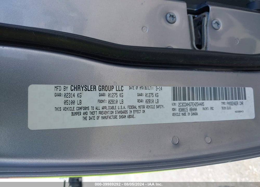 2014 DODGE CHARGER SXT 100TH ANNIVERSARY VIN: 2C3CDXHG7EH254405