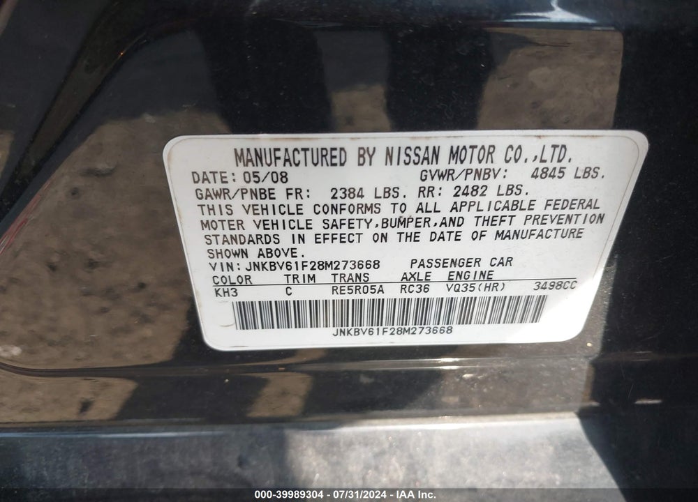 2008 INFINITI G35X VIN: JNKBV61F28M273668