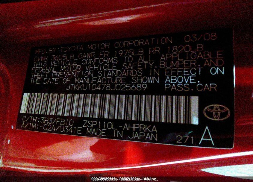 2008 SCION XD VIN: JTKKU10478J025689