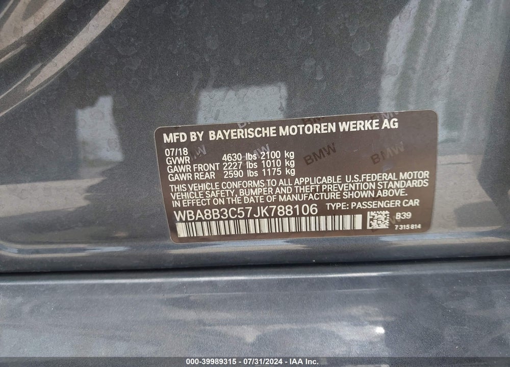 2018 BMW 340I VIN: WBA8B3C57JK788106