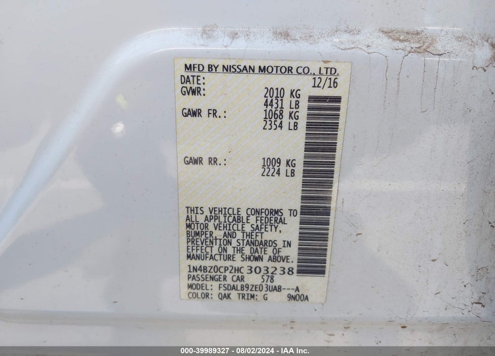 2017 NISSAN LEAF S VIN: 1N4BZ0CP2HC303238