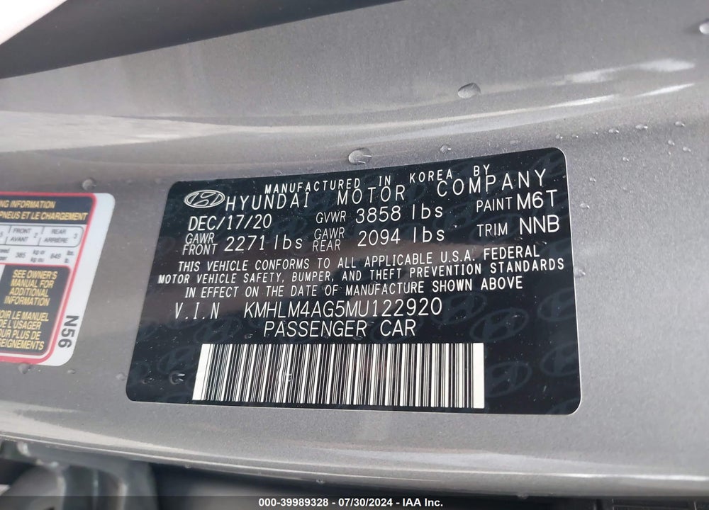 2021 HYUNDAI ELANTRA SEL VIN: KMHLM4AG5MU122920