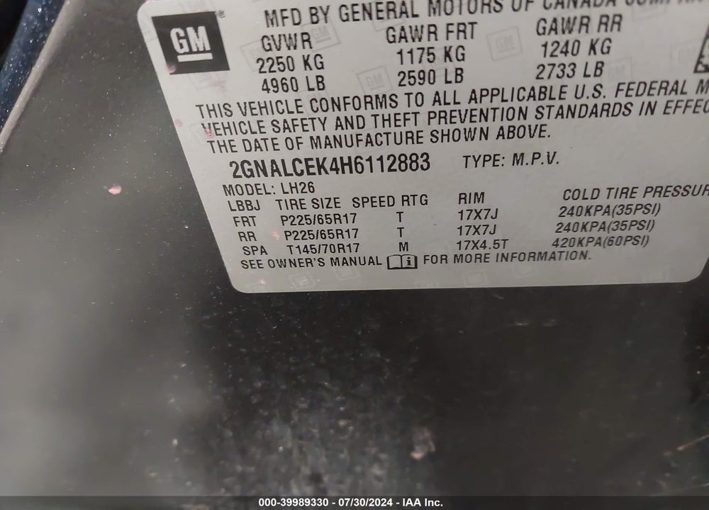 2017 CHEVROLET EQUINOX LT VIN: 2GNALCEK4H6112883