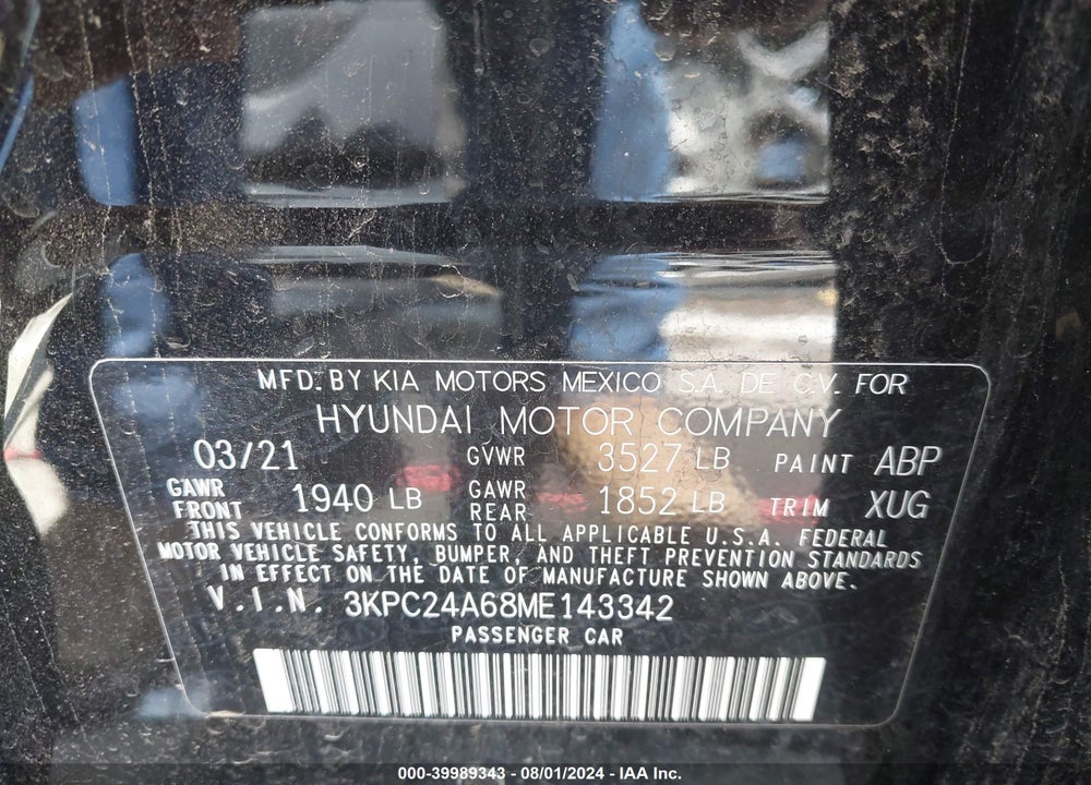 2021 HYUNDAI ACCENT SEL VIN: 3KPC24A68ME143342