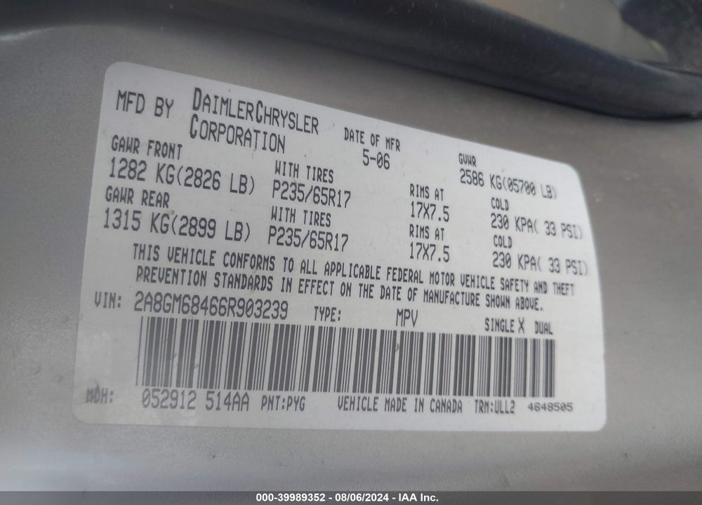 2006 CHRYSLER PACIFICA TOURING VIN: 2A8GM68466R903239