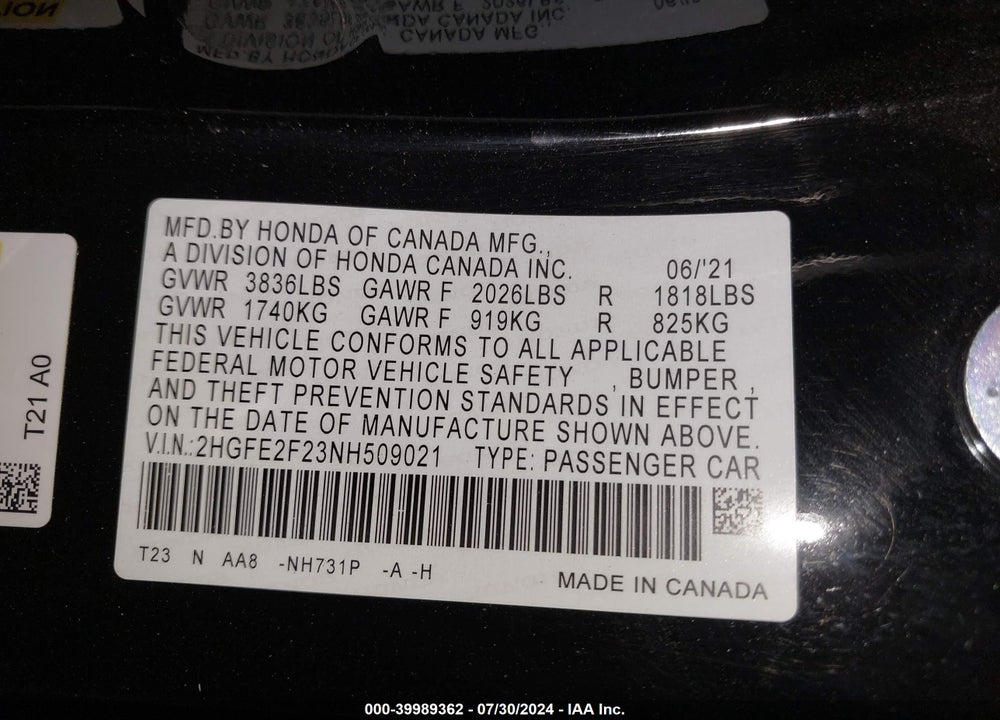 2022 HONDA CIVIC LX VIN: 2HGFE2F23NH509021