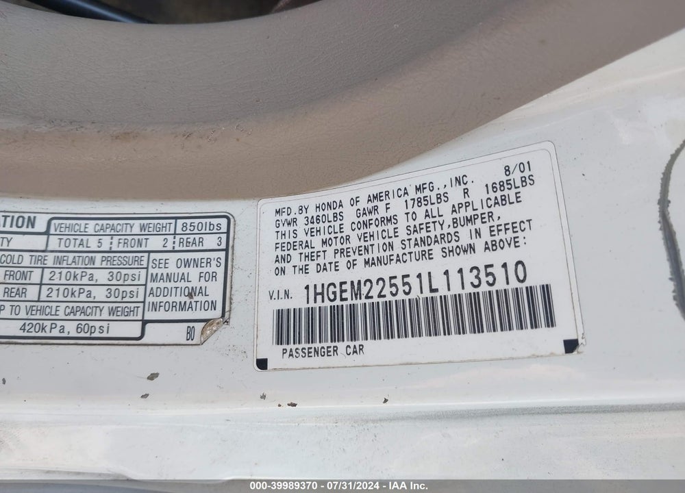 2001 HONDA CIVIC LX VIN: 1HGEM22551L113510