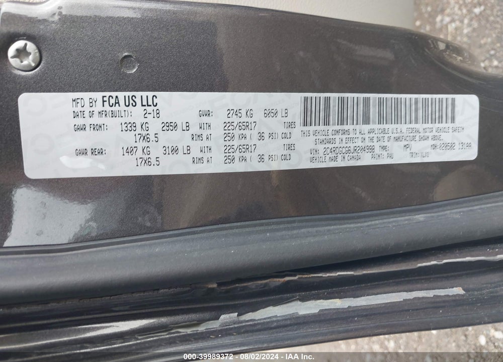 2018 DODGE GRAND CARAVAN SXT VIN: 2C4RDGCG6JR204998