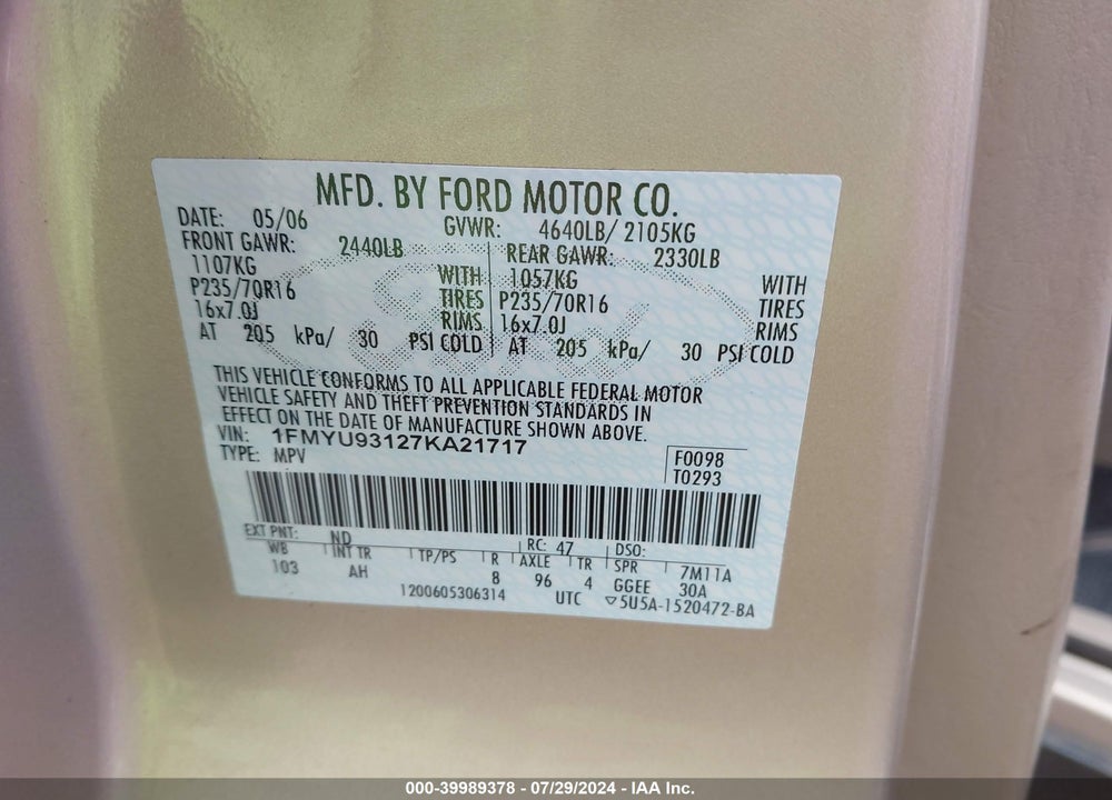 2007 FORD ESCAPE XLT/XLT SPORT VIN: 1FMYU93127KA21717