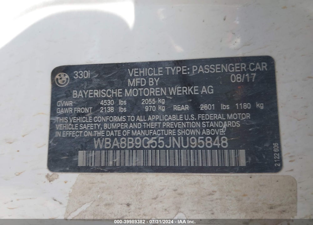 2018 BMW 330I VIN: WBA8B9G55JNU95848