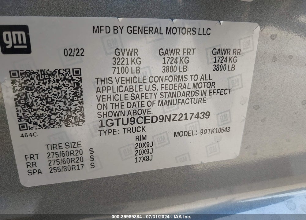 2022 GMC SIERRA 1500 LIMITED 4WD SHORT BOX ELEVATION VIN: 1GTU9CED9NZ217439