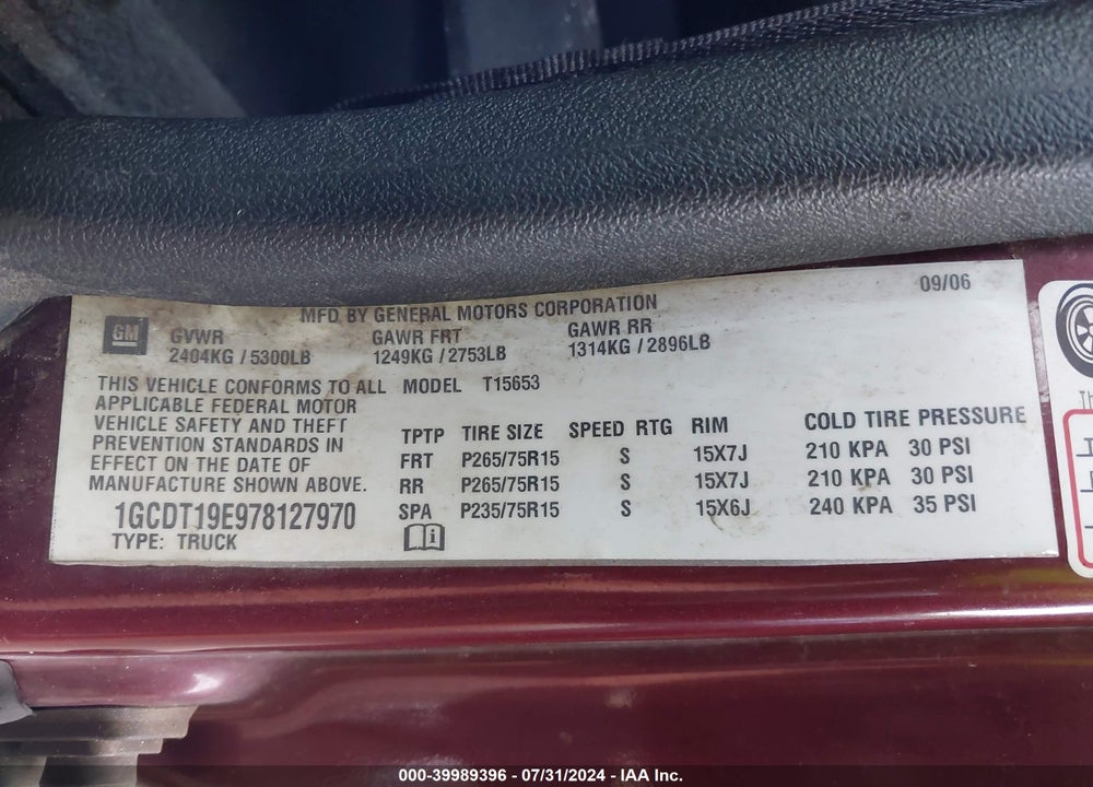 2007 CHEVROLET COLORADO LT VIN: 1GCDT19E978127970
