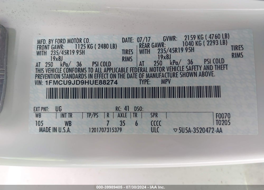 2017 FORD ESCAPE TITANIUM VIN: 1FMCU9JD9HUE88274