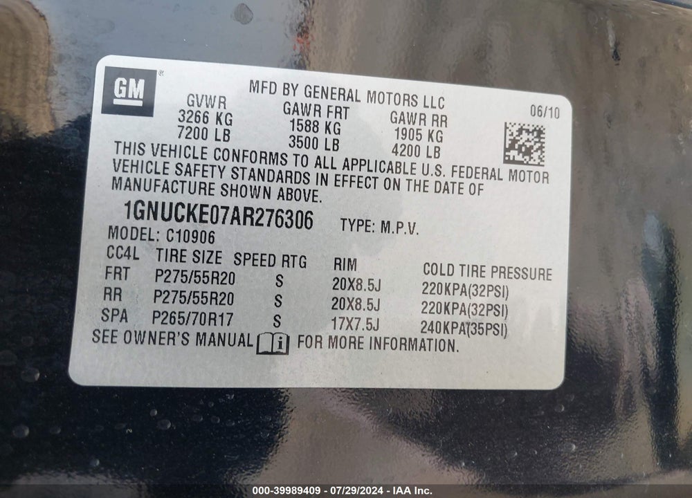 2010 CHEVROLET SUBURBAN 1500 LTZ VIN: 1GNUCKE07AR276306
