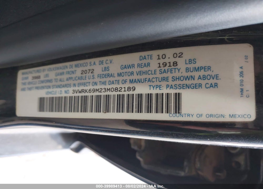 2003 VOLKSWAGEN JETTA GL VIN: 3VWRK69M23M082189