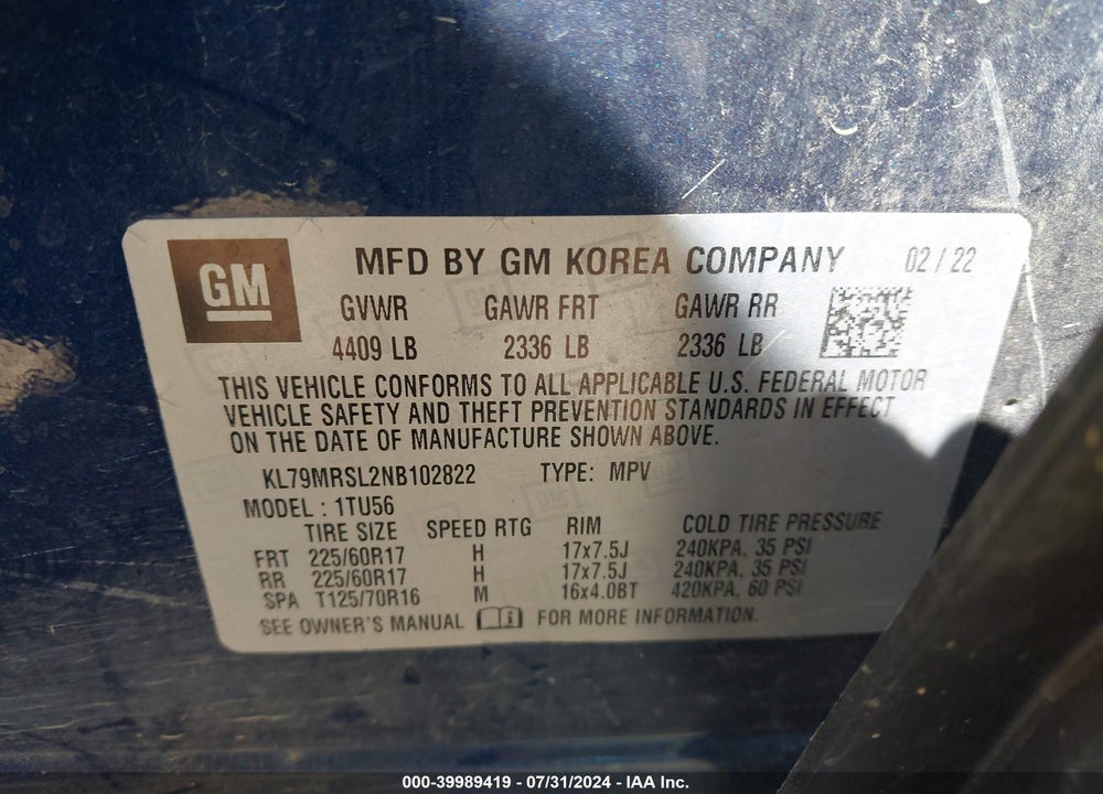 2022 CHEVROLET TRAILBLAZER AWD LT VIN: KL79MRSL2NB102822