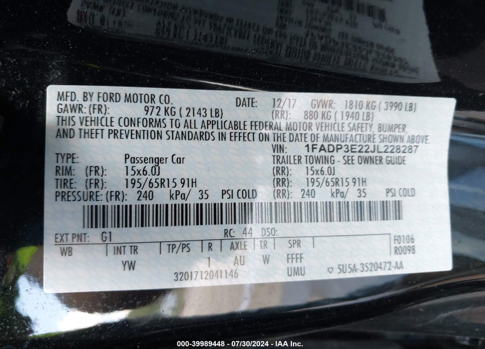 2018 FORD FOCUS S VIN: 1FADP3E22JL228287