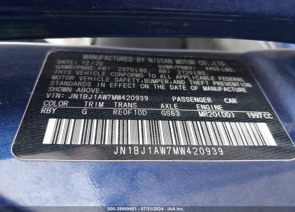 2021 NISSAN ROGUE SPORT S AWD XTRONIC CVT VIN: JN1BJ1AW7MW420939