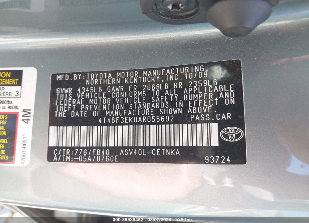 2010 TOYOTA CAMRY LE VIN: 4T4BF3EK0AR055692