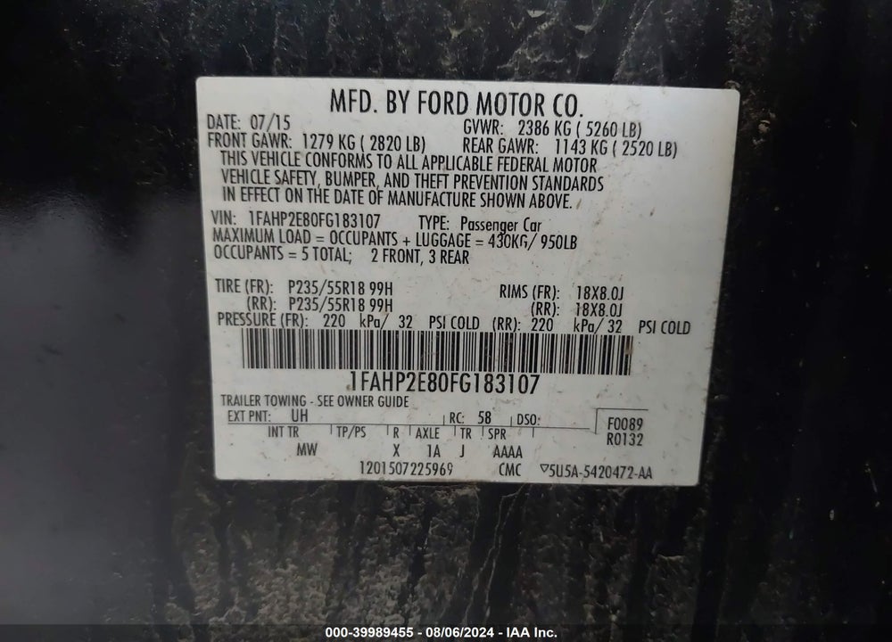 2015 FORD TAURUS SEL VIN: 1FAHP2E80FG183107