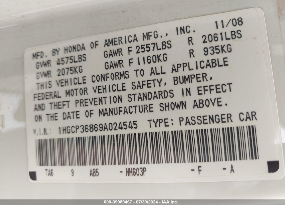 2009 HONDA ACCORD VIN: 1HGCP36869A024545
