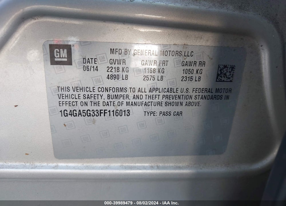 2015 BUICK LACROSSE VIN: 1G4GA5G33FF116013