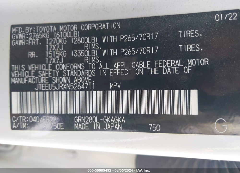 2022 TOYOTA 4RUNNER SR5 VIN: JTEEU5JRXN5264711