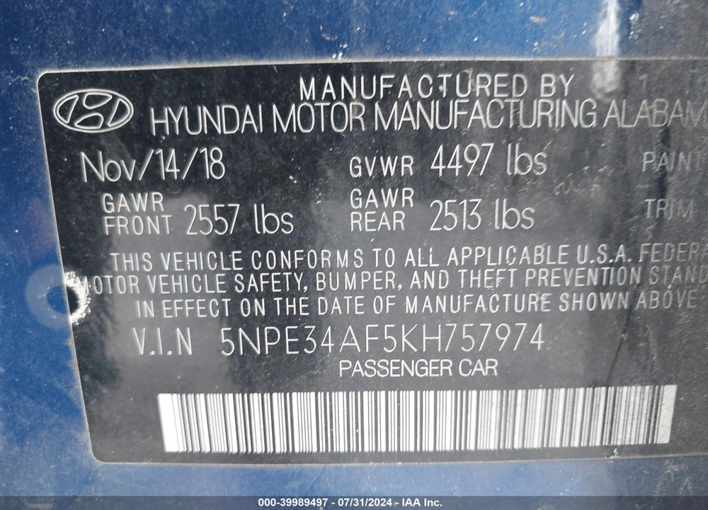 2019 HYUNDAI SONATA SPORT VIN: 5NPE34AF5KH757974