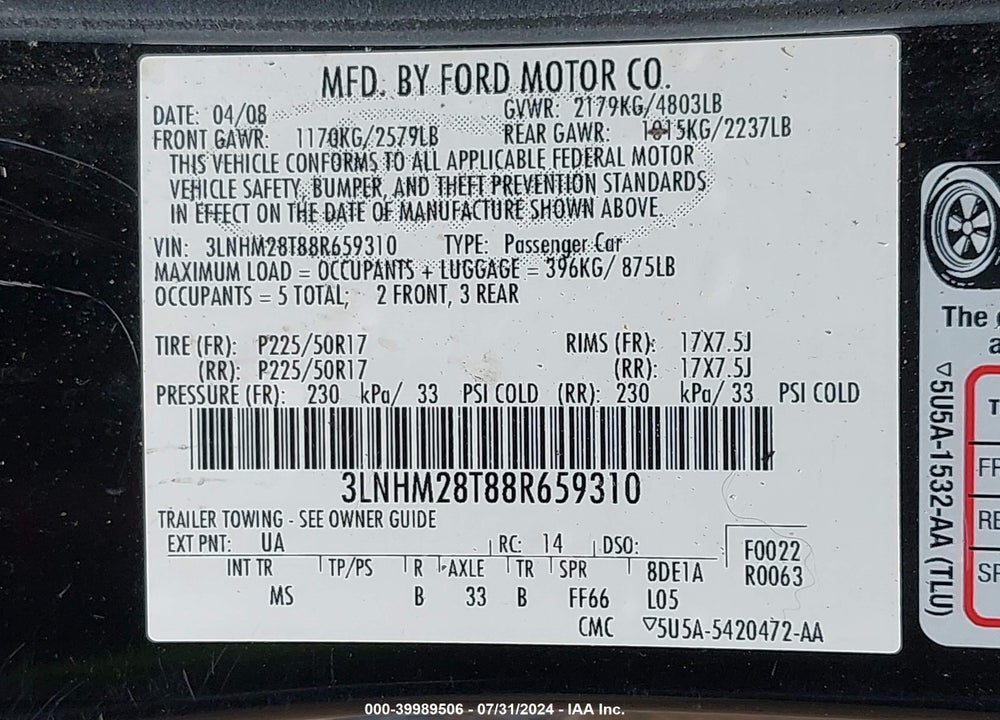 2008 LINCOLN MKZ VIN: 3LNHM28T88R659310