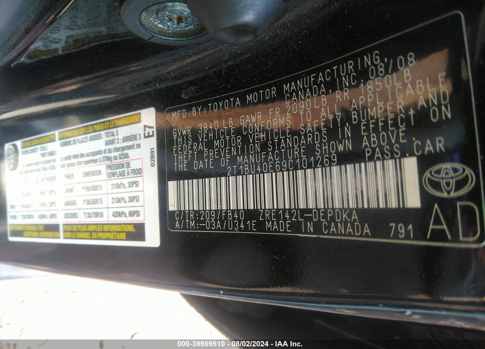 2009 TOYOTA COROLLA LE VIN: 2T1BU40E69C101269