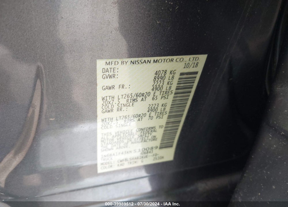 2019 NISSAN TITAN XD SV DIESEL VIN: 1N6BA1F43KN510089