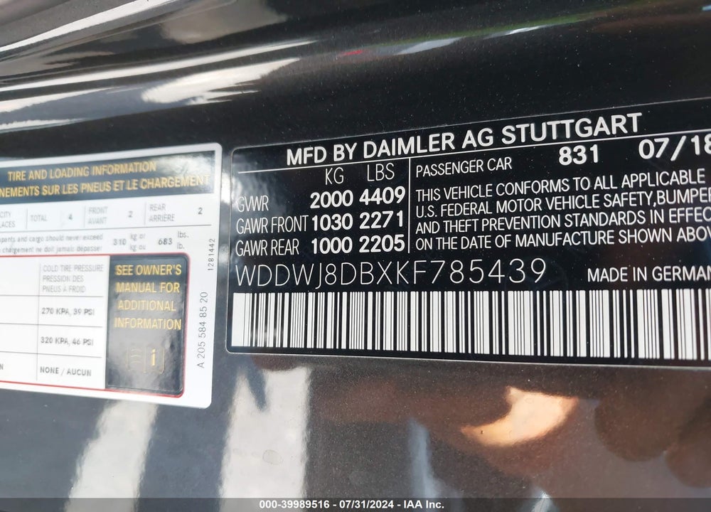 2019 MERCEDES-BENZ C 300 VIN: WDDWJ8DBXKF785439