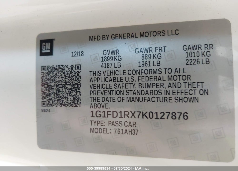 2019 CHEVROLET CAMARO 2LT VIN: 1G1FD1RX7K0127876