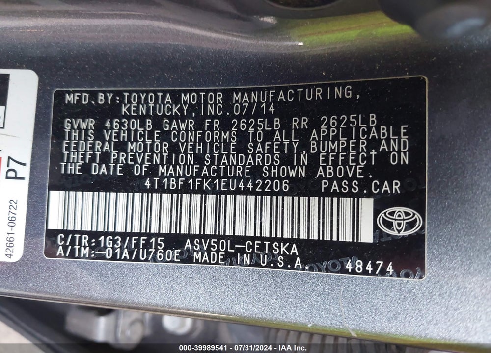 2014 TOYOTA CAMRY SE VIN: 4T1BF1FK1EU442206