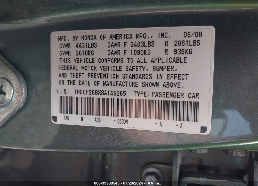 2008 HONDA ACCORD 2.4 EX-L VIN: 1HGCP268X8A149265