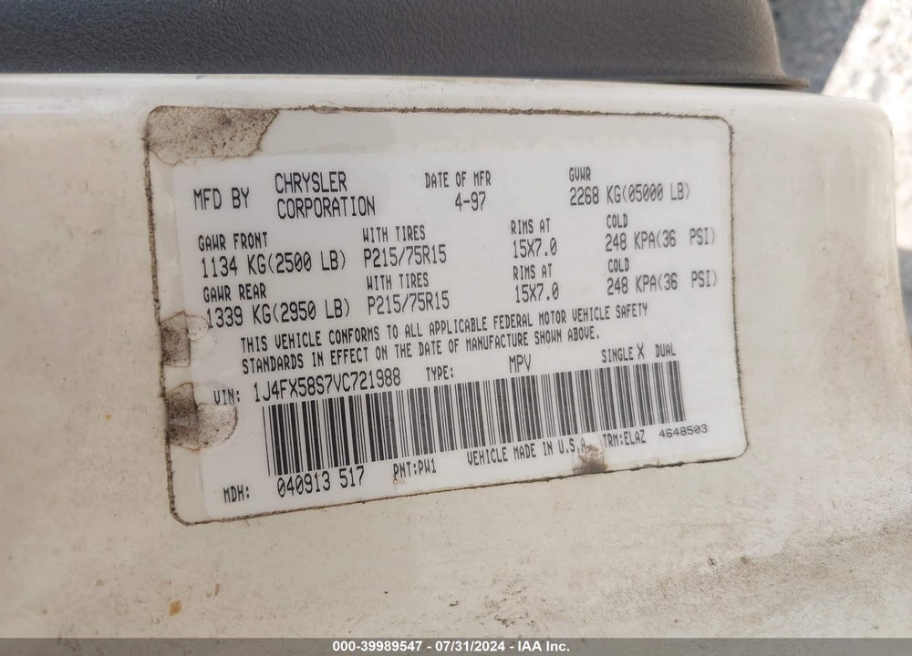 1997 JEEP GRAND CHEROKEE LAREDO/TSI VIN: 1J4FX58S7VC721988