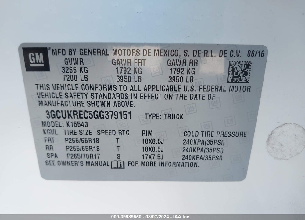 2016 CHEVROLET SILVERADO 1500 2LT VIN: 3GCUKREC5GG379151